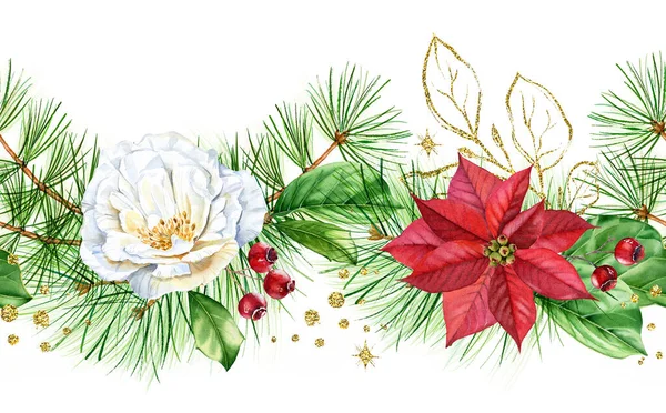 Julen sömlös gräns med rosor, röda julstjärnor, gyllene glitter blommor. Akvarell banner mall med vit briar blomma, tall och glitter folie. Botanisk blommig illustration — Stockfoto
