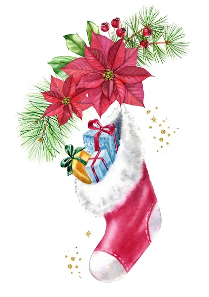 Watercolor stocking with gifts on bouquet with red flowers. Christmas postcard with pine tree, poinsettia, golden glitter foil. Botanical floral illustration for winter holiday cards — Stock Photo, Image