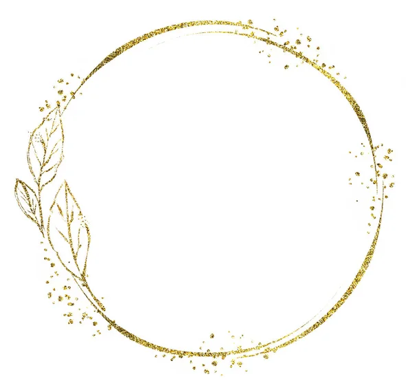 Gouden folie frame in cirkelvorm. Gouden folie bloemen illustraties geïsoleerd op wit. Realistische ronde sjabloon voor logo, bruiloft, wenskaarten — Stockfoto