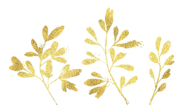 Goldener Glanz florale Elemente. Set aus Ficuszweigen und Blättern in glänzender Folie. Botanische florale Illustration für moderne Boho-Sträuße, Hochzeitskarten — Stockfoto
