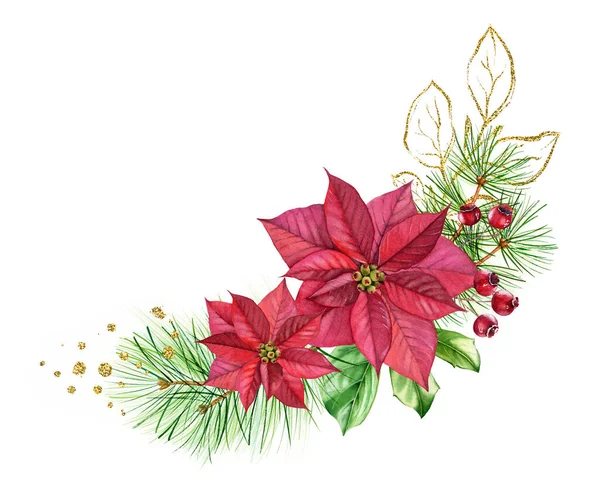 Υδατογραφία μπουκέτο με κόκκινο poinsettia, χρυσά γκλίτερ λουλούδια. Χριστουγεννιάτικη αψίδα με πεύκο και φύλλο γκλίτερ. Βοτανική floral εικονογράφηση για κάρτες χειμερινών διακοπών — Φωτογραφία Αρχείου