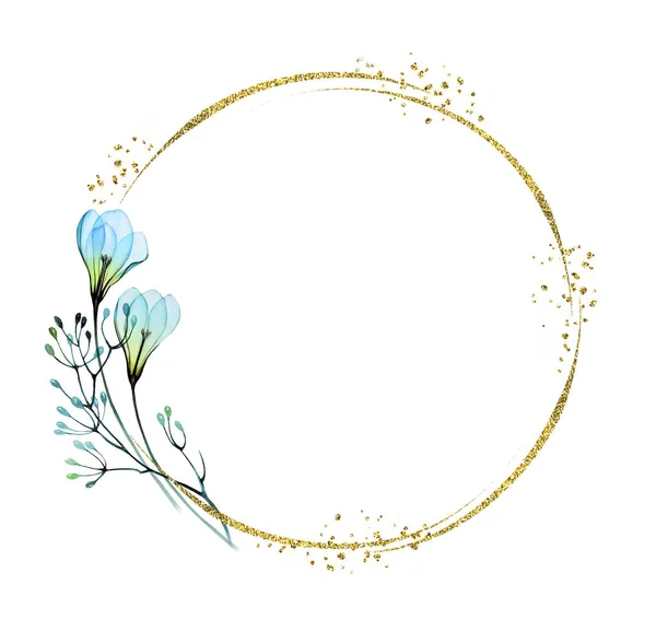 Aquarel gouden krans en blauwe bloemen. Realistische poster met bloemen en glitter folie frame. Plaats voor tekst. Botanische bloemen achtergrond voor moderne boho kaarten en uitnodigingen — Stockfoto