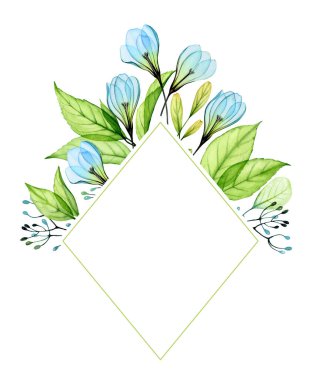 Mavi çiçekli suluboya çerçeveli. Kar damlaları ve taze yeşil yapraklı kart şablonu. Mesaj için yer. Modern Boho düğün davetiyeleri için botanik çiçekleri.