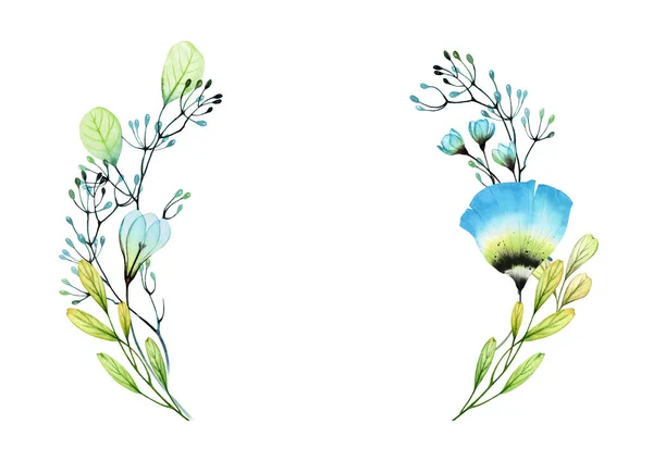 Watercolor floral banner. Arch with blue transparent flowers, branches and place for text. Hand painted abstract card template. Botanical illustration for spring wedding invitations, thank you cards — Stock Photo, Image