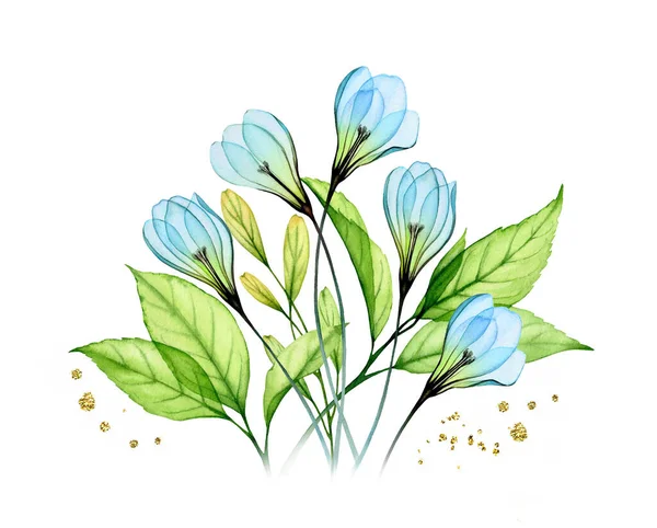 Composición floral acuarela con nevadas. Flores y hojas azules transparentes. Diseño aislado pintado a mano. Ilustración botánica para artículos de papelería para bodas de primavera, tarjetas de felicitación —  Fotos de Stock