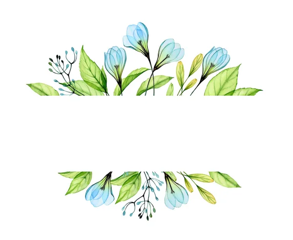 Aquarelbanner met blauwe bloemen. Kaartsjabloon met sneeuwklokjes en verse groene bladeren. Plaats voor tekst. Botanische bloemen illustratie voor bruiloft uitnodigingen en wenskaarten — Stockfoto