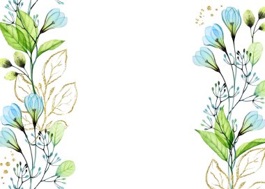 Mavi şakayıklı suluboya çiçek pankartı. Bahar çiçekleri ve altın parıltılı dallarla soyut bir arkaplan. Mesaj için yer. Bahar düğün davetiyeleri için botanik çiçeği şablonu