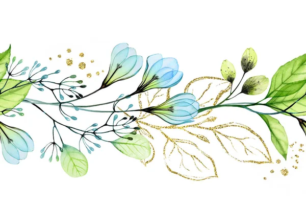 Aquarell nahtlose florale Bordüre. Abstraktes Gestaltungselement mit blauen Blumen und goldenen Glitzerzweigen. Botanische handgezeichnete Illustration für Hochzeitseinladungen im Frühling und Osterkarten — Stockfoto