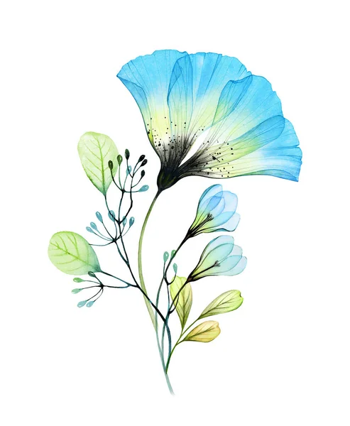 Акварельний квітковий букет з великими анемонами та пролісками. Абстрактна композиція з блакитними прозорими квітами і листям. Ручна пофарбована ілюстрація для весняних весільних канцтоварів, вітальних листівок — стокове фото