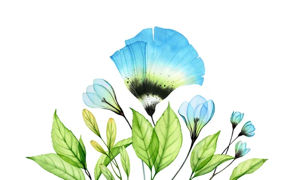 Aquarellkomposition mit großen Anemonen und Schneeglöckchen. Abstrakter floraler Rand mit blauen, transparenten Blüten und Blättern. Handgemalte Illustration für Frühlingsbanner — Stockfoto
