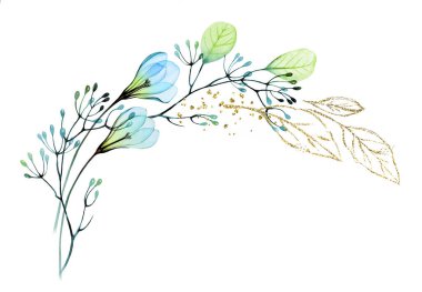 Altın parıltılı ve mavi çiçekli suluboya kemer. Saydam çiçekli ve parlak folyolu soyut bir afiş. Modern logo, boho kartları ve davetiyeler için botanik çiçek arkaplanı