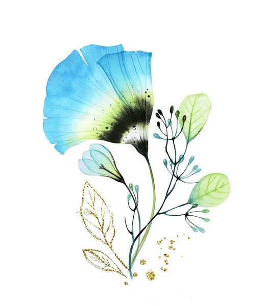 青い花と水彩花束。アブストラクト透明アネモネと金色の輝きの葉。手描きの独立したデザイン。結婚式の文房具、グリーティングカードの植物イラスト — ストック写真