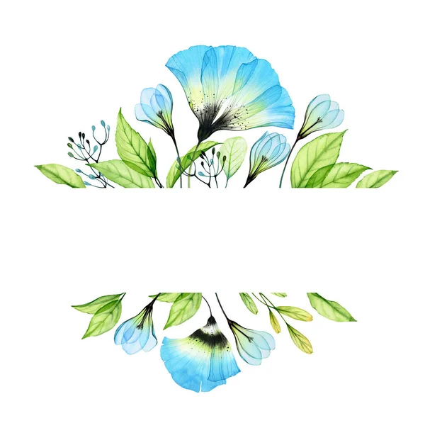 Watercolor banner with blue flowers. Card template with transparent anemones and fresh green leaves. Place for text. Botanical floral illustration for wedding invitations and greeting cards — Stock Photo, Image