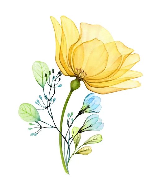 Акварельний квітковий букет з жовтою трояндою і синіми снігопадами. Абстрактна композиція з українськими квітами та листям. Ручна ілюстрація з українськими символічними кольорами — стокове фото