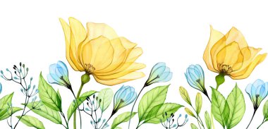 Sarı gül ve mavi kardamlalarıyla suluboya, yatay, pürüzsüz bir sınır. Ukrayna çiçekleri ve yapraklarıyla soyut bir pankart. Ukrayna 'nın sembolik renkleriyle elle boyanmış bir resim.