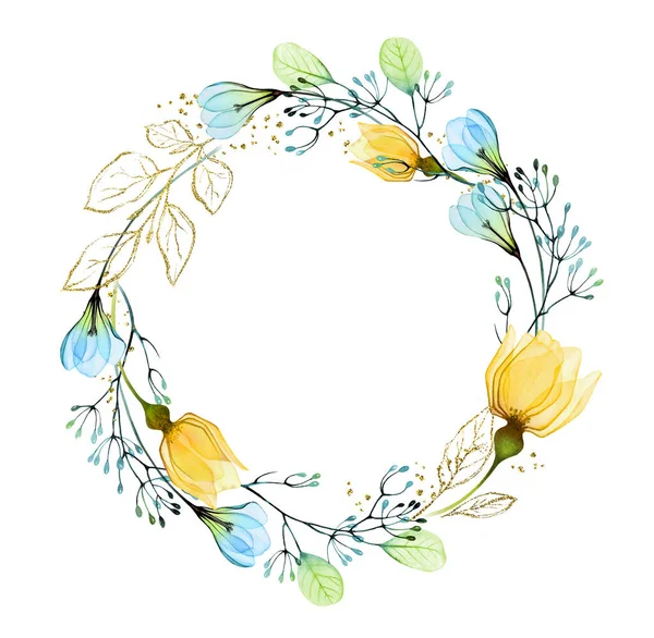 黄色のバラと青の雪滴と水彩花の花輪。ウクライナの花や葉を持つ抽象的な丸いフレーム。ウクライナの象徴的な色で手描きイラスト — ストック写真