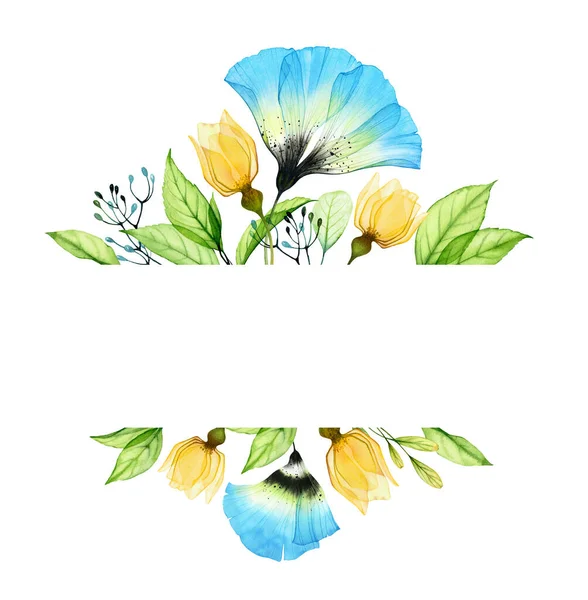 Υδατογραφία λουλουδάτη σύνθεση με κίτρινα τριαντάφυλλα και μπλε ανεμώνη. Αφηρημένο πανό με Ουκρανικά λουλούδια και φύλλα. Θέση για προσαρμοσμένο κείμενο. Χειροποίητη εικονογράφηση με συμβολικά χρώματα της Ουκρανίας — Φωτογραφία Αρχείου