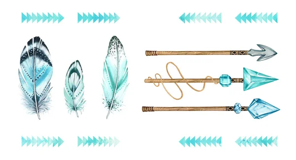 Akvarell set med pilar och fjädrar. Insamling av boho element för konstruktion pilar. Handmålad illustration i tribal turkos stil för tryck, logotyp och födelsedag inbjudan — Stockfoto
