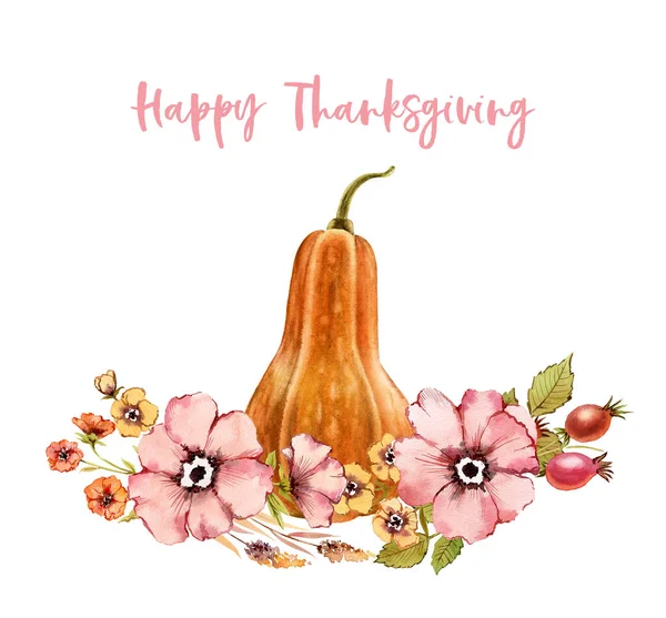 Watercolor Thanksgiving card template. Composition with pumpkin and floral wreath. Dusty pink rose hip, briar isolated on white background. Hand painted banner in vintage colors — Stock Photo, Image