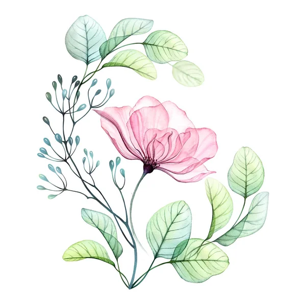 Прозора абстрактна композиція з великої рожевої квітки та листя евкаліпта. Роза в зеленому вінку. Акварельна рука намальована ілюстрація ізольована на білому для весільних канцелярських товарів, картонний друк — стокове фото