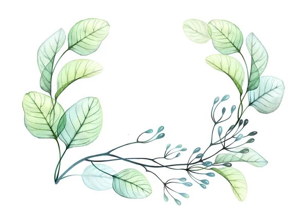 Η ακουαρέλα αφήνει στεφάνι. Πράσινο σε σχήμα στρογγυλού κύκλου. Χειροποίητη βοτανική απεικόνιση που απομονώνεται στο λευκό. Αφηρημένη διάφανη σύνθεση λουλουδιών με χώρο για κείμενο — Φωτογραφία Αρχείου