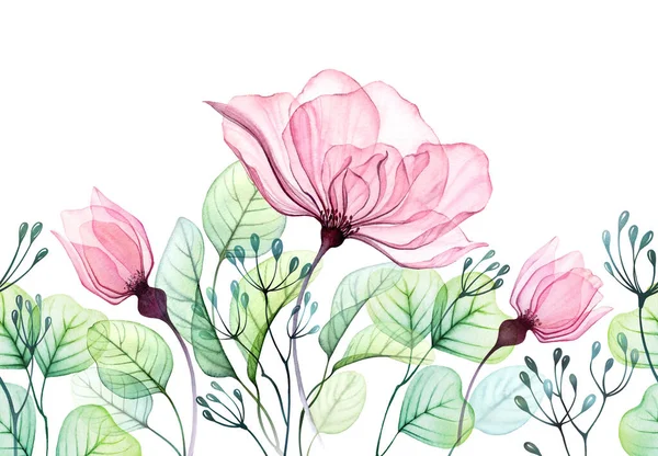 Aquarel roos naadloze rand. Abstract bloemstuk van roze bloemen, knoppen en eucalyptus bladeren. Transparante met de hand getekend illustratie voor bruiloft briefpapier, kaart afdrukken, textiel — Stockfoto