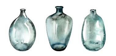 Suluboya vazolar. Üç adet turkuaz antika cam şişe seti. Modern boho tarzında iç dekorasyon. Soyut illüstrasyon beyaz arkaplanda izole edildi. Yüksek kaliteli illüstrasyon