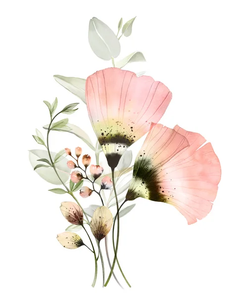 Акварельна Квіткова Композиція Яскраві Прозорі Квіти Сучасному Стилі Бохо Пастельні — стокове фото