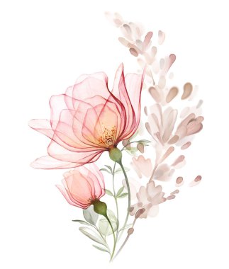 Suluboya gül buketi. Büyük şeffaf şeftali çiçekleri ve kurutulmuş otlar. Pastel bej kompozisyonu modern boho tarzında. Elle boyanmış soyut sanat eseri.