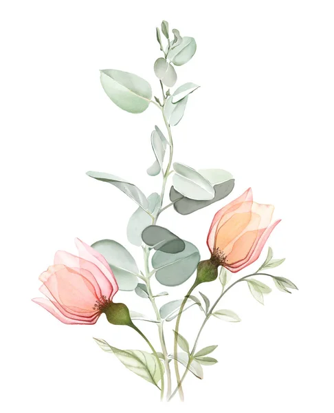Акварельний Букет Трояндами Гілками Евкаліпта Невеликі Персикові Квіти Яскраво Зеленим — стокове фото