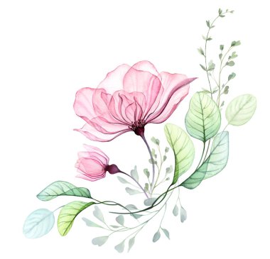 Watercolor abstract arrangement of big pink flowers and eucalyptus leaves. Roses with flying branches. Transparent hand drawn illustration isolated on white for wedding stationery, card print.