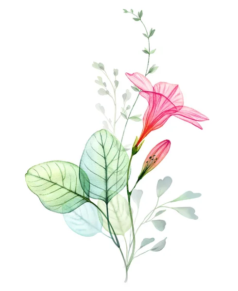 Watercolor Transparent Hibiscus Flower Eucalyptus Branches Colourful Tropical Bouquet Isolated — Stockfoto