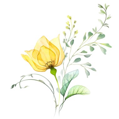 Watercolor bouquet with rose and eucalyptus branches. Big transparent yellow flower with tender eaves. Vibrant bright composition in modern classical style. Hand painted abstract artwork.