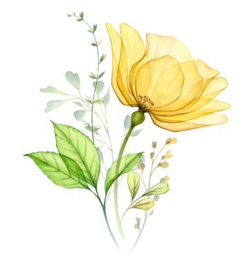 Watercolor bouquet with rose fresh green leaves. Big transparent yellow flower with tender branches. Vibrant bright composition in modern classical style. Hand painted abstract artwork.