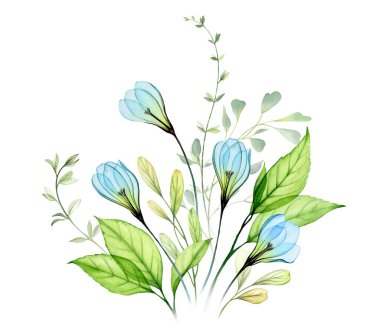 Kardelenli suluboya çiçek kompozisyonu. Mavi şeffaf çiçekler ve canlı yeşil yapraklar. El yapımı soyut afiş. Bahar düğün kırtasiyesi için botanik illüstrasyon, tebrik kartları.