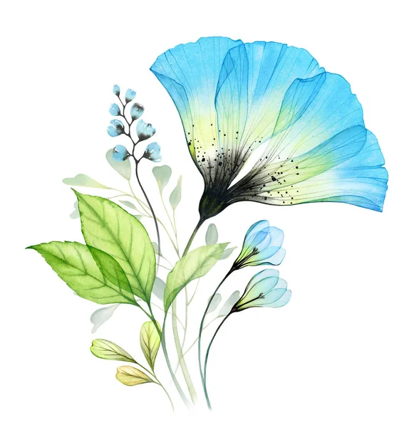 Watercolor Bouquet Big Blue Anemone Snowdrops Abstract Composition Turquoise Transparent — ストック写真