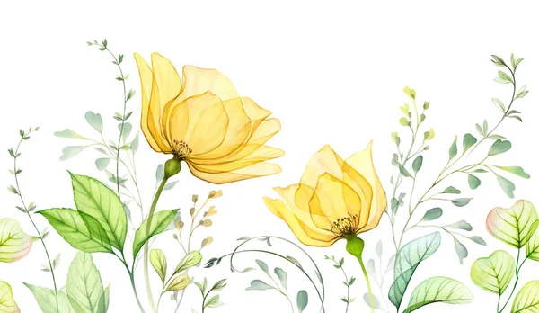 Акварель Виросла Безшовним Кордоном Абстрактне Квіткове Розташування Жовтих Квітів Гілок — стокове фото