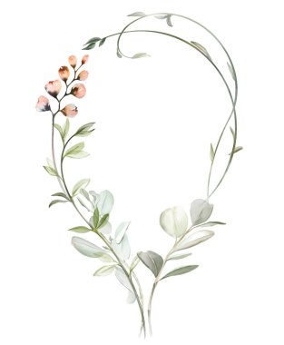 Watercolor floral composition. Pastel color abstract wreath with round ornament and eucalyptus leaves. Place for text. Blush transparent flowers in modern boho style.