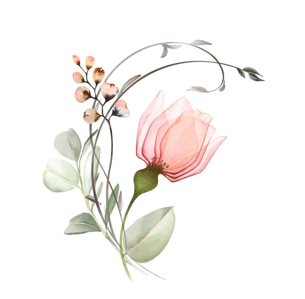 Akwarelowy Bukiet Różami Gałęziami Przezroczyste Kwiaty Brzoskwiniowe Zakrzywionymi Roślinami Pastelowa Obraz Stockowy