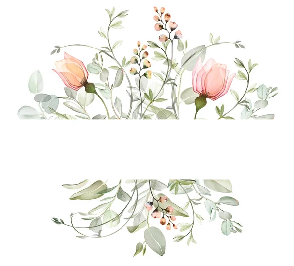 Watercolor Floral Banner Place Text Bouquet Big Pink Roses Eucalyptus Stockfoto