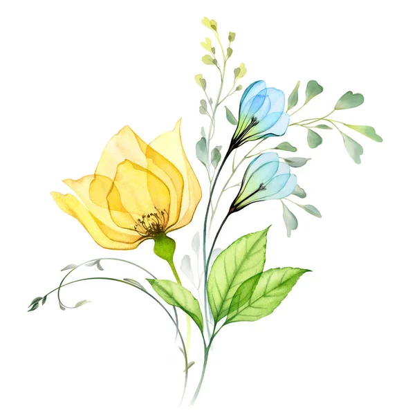 Aquarell Blumenstrauß Mit Gelben Rosen Und Blauen Schneeglöckchen Abstrakte Komposition — Stockfoto