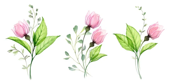 Akwarelowe Bukiety Róż Zestaw Trzech Kompozycji Kwiatowych Jasne Przezroczyste Kwiaty Obrazek Stockowy