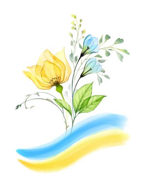 Watercolor card template with national Ukrainian flag. Floral bouquet with yellow rose and blue snowdrops. Abstract composition with symbolic colours of Ukraine.