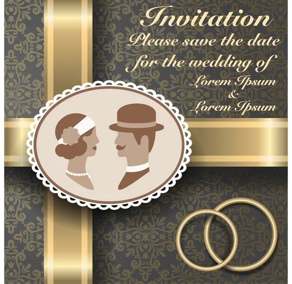 Vintage bruiloft uitnodiging met gouden linten en vintage achtergrond — Stockvector