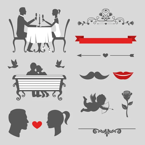 Conjunto de elementos de diseño vintage de día y boda de San Valentín, kit de herramientas de diseñadores — Archivo Imágenes Vectoriales