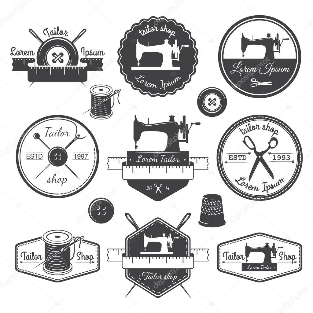 Set of vintage tailor labels, emblems and designed elements. Tailor shop theme