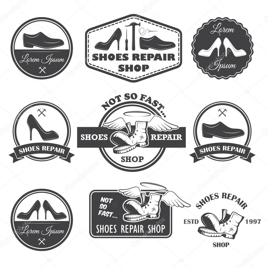 Set of vintage shoes repair labels, emblems and designed elements.