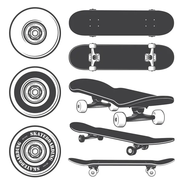 Uppsättning skateboard och skateboard hjul. — Stock vektor