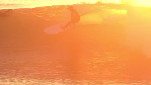 Surfista de silhueta cavalgando onda ao pôr do sol — Vídeo de Stock