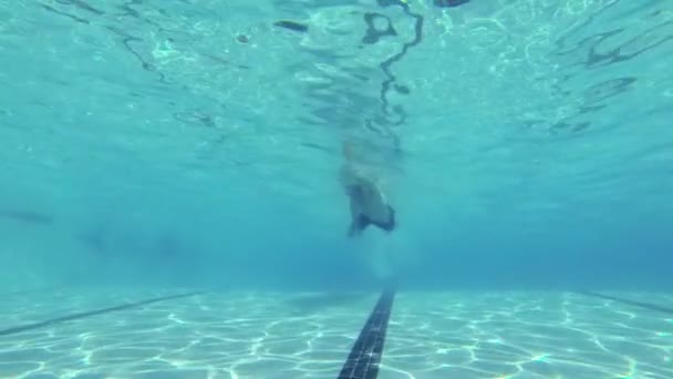 Mann schwimmt in Zeitlupe unter Wasser in Pool — Stockvideo